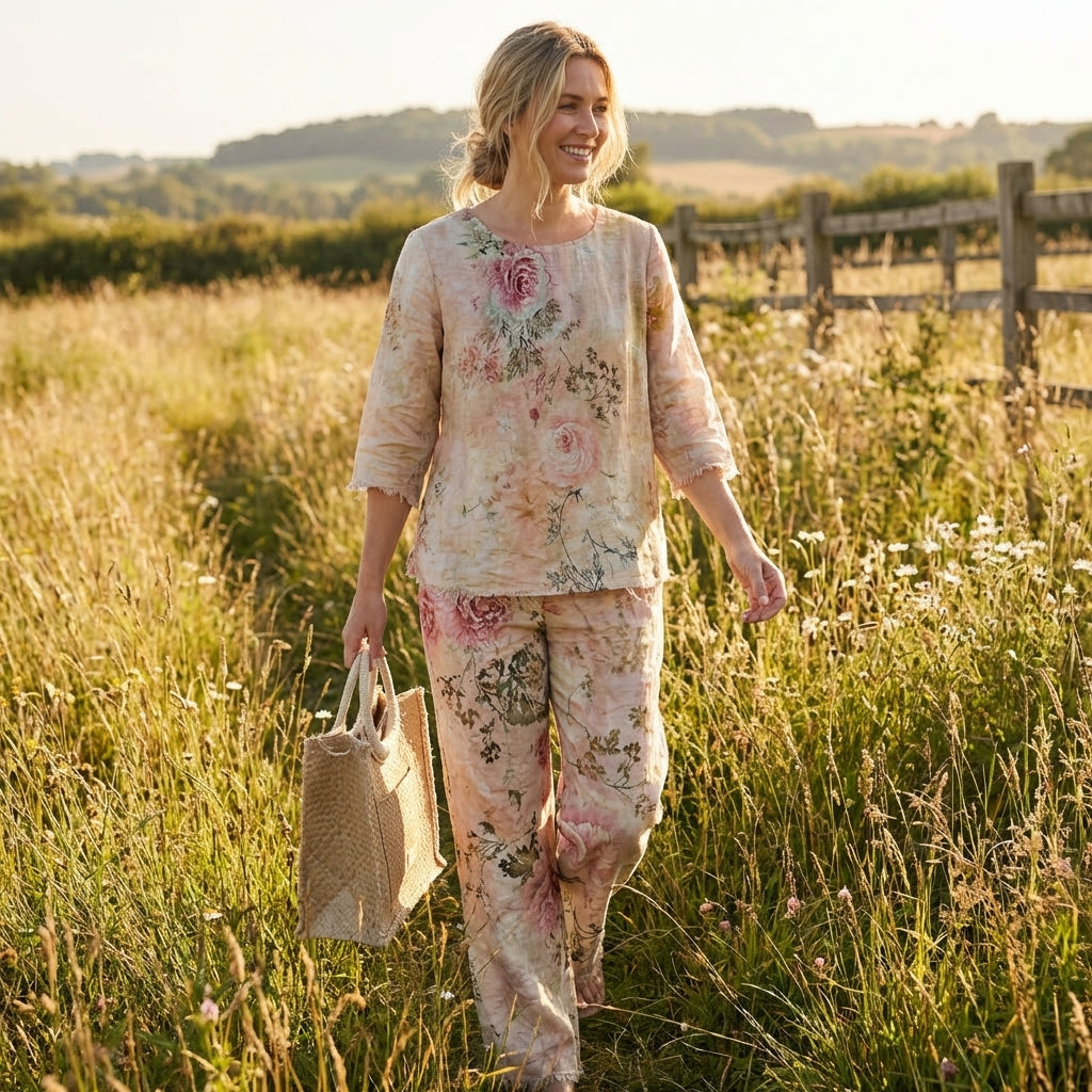 Marlowe | Women's Chiffon Floral Print Two-Piece Top & Trouser Set