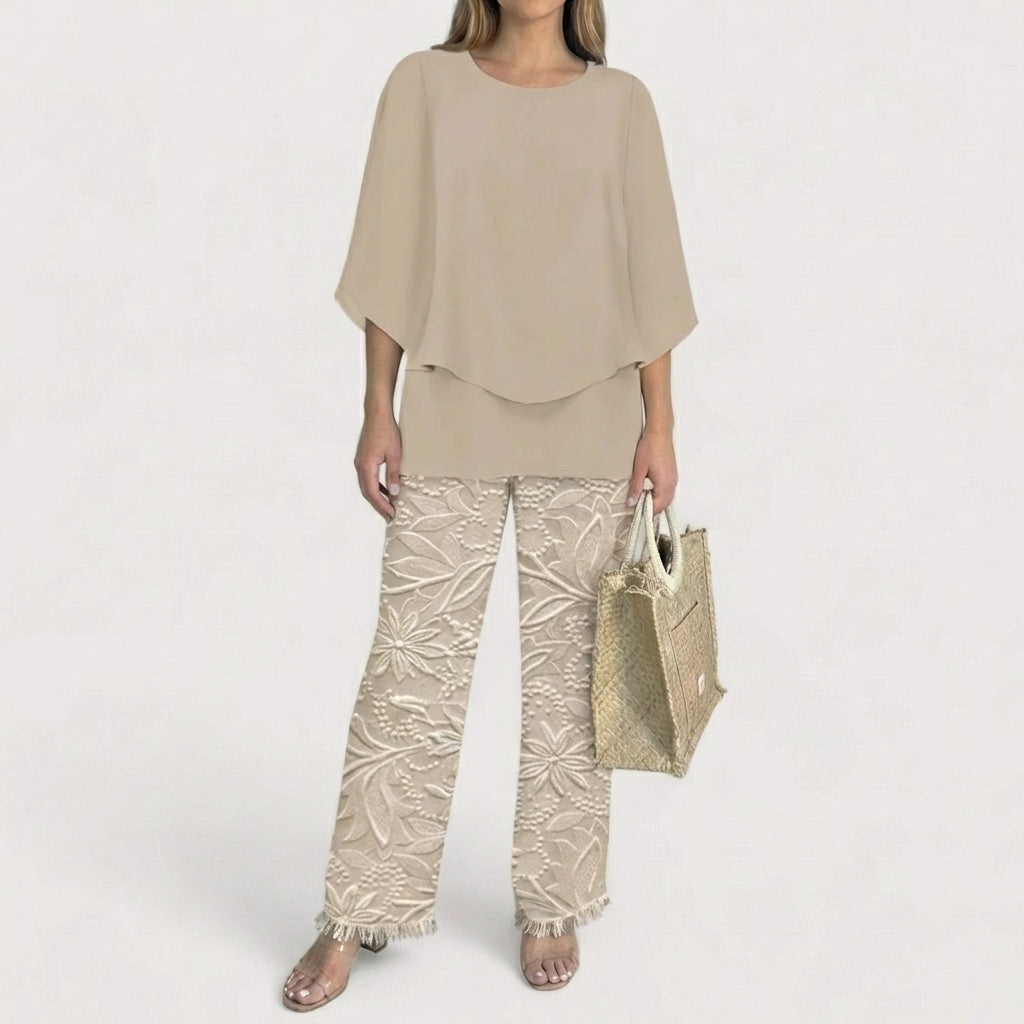 Marlowe | Women's Chiffon Floral Print Two-Piece Top & Trouser Set