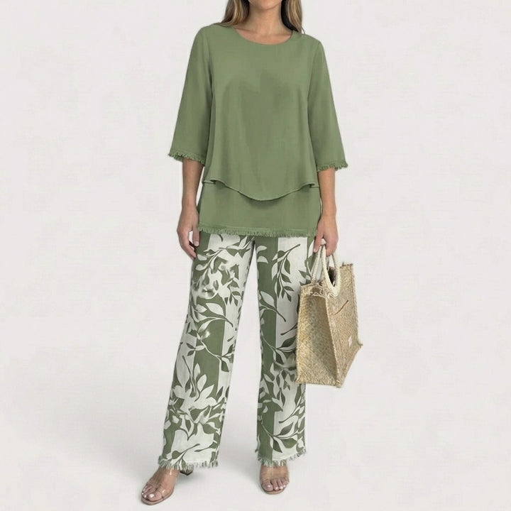 Marlowe | Women's Chiffon Floral Print Two-Piece Top & Trouser Set