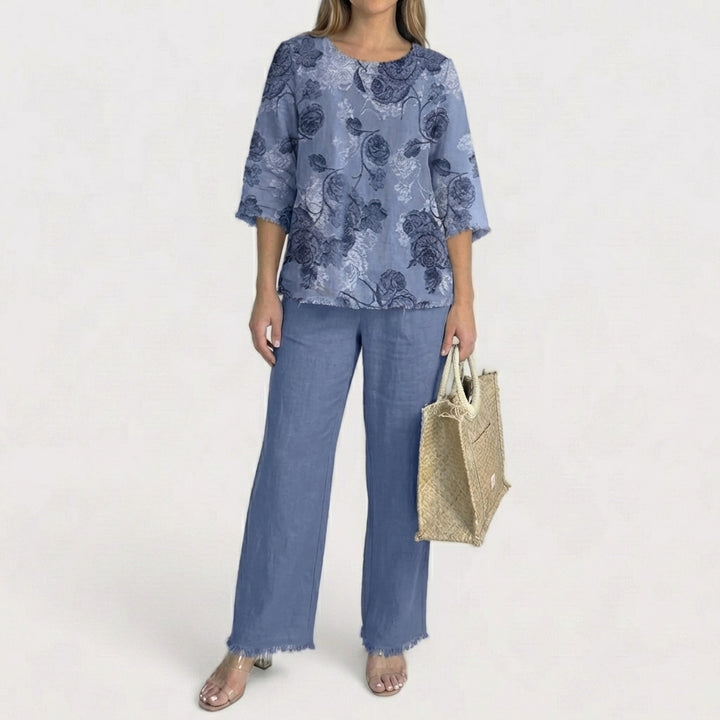 Marlowe | Women's Chiffon Floral Print Two-Piece Top & Trouser Set