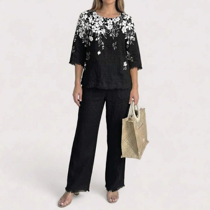 Marlowe | Women's Chiffon Floral Print Two-Piece Top & Trouser Set