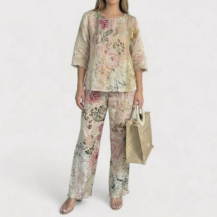 Marlowe | Women's Chiffon Floral Print Two-Piece Top & Trouser Set