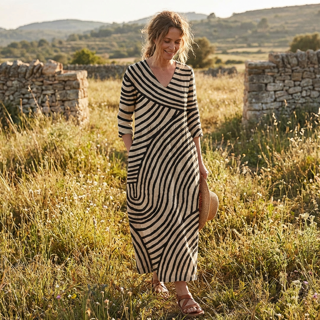 Marlowe | Women's Linen Beige Abstract Print V-Neck Maxi Dress