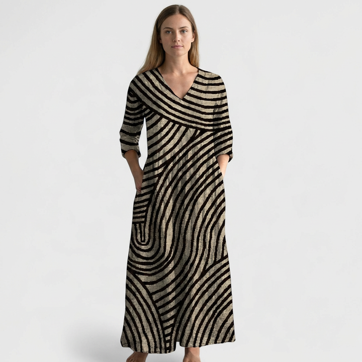 Marlowe | Women's Linen Beige Abstract Print V-Neck Maxi Dress