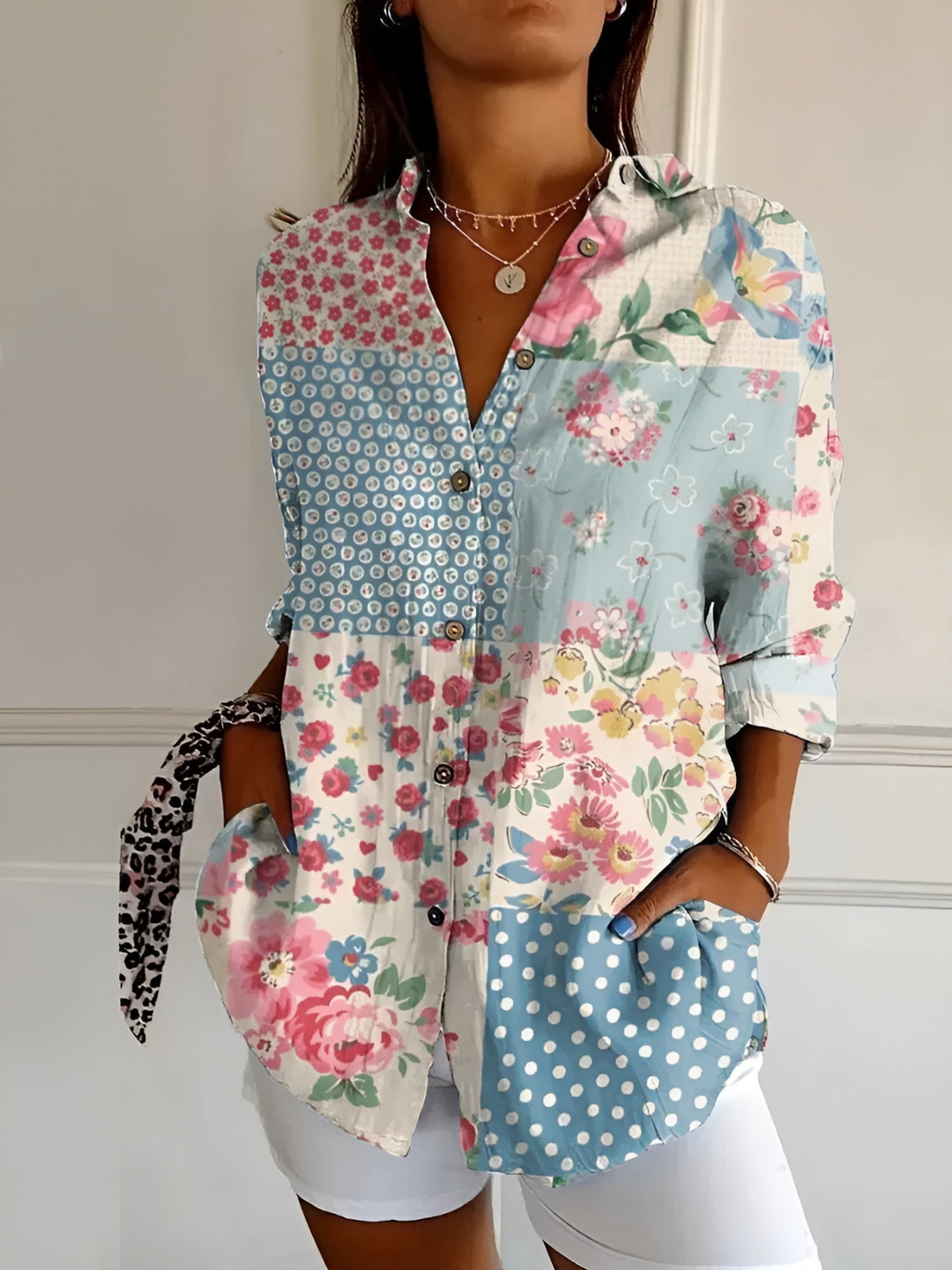 Marlowe | Women's Linen Polka Dot Abstract Print Button-Down Shirt