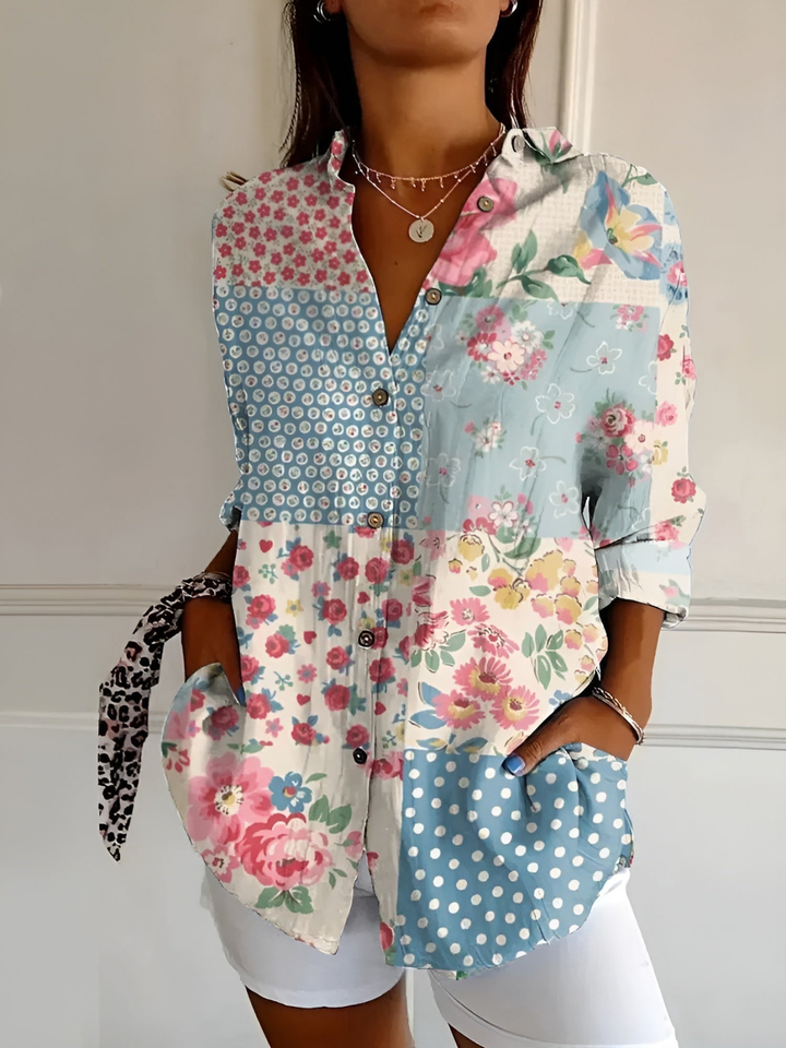 Marlowe | Women's Linen Polka Dot Abstract Print Button-Down Shirt