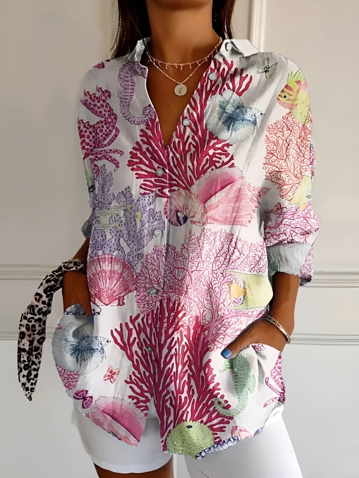 Marlowe | Women's Linen Polka Dot Abstract Print Button-Down Shirt