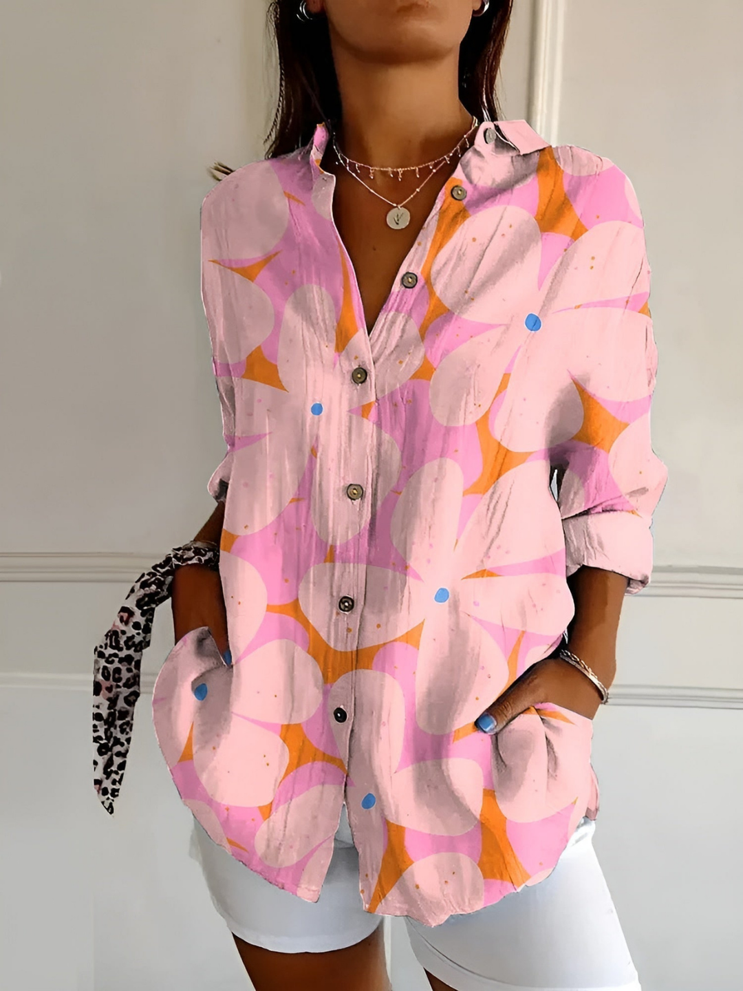 Marlowe | Women's Linen Polka Dot Abstract Print Button-Down Shirt