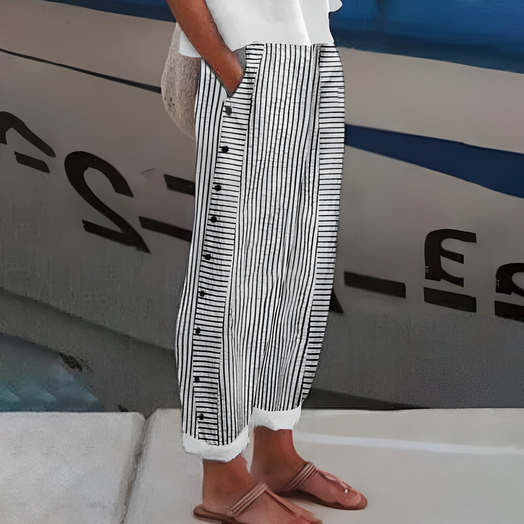 Marlowe | Women's Linen Striped Button-Side Wide Leg Trousers