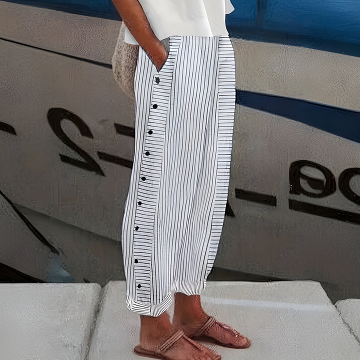 Marlowe | Women's Linen Striped Button-Side Wide Leg Trousers