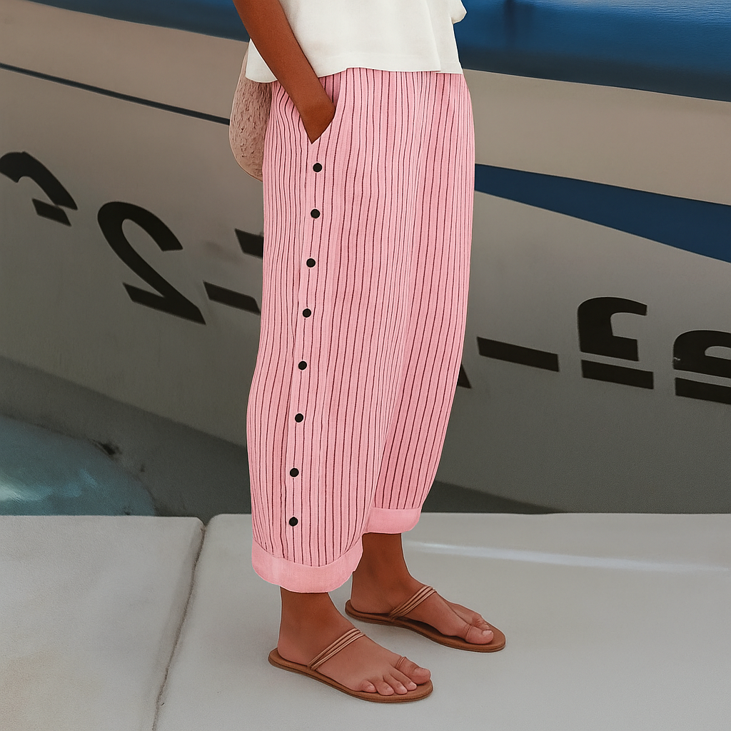 Marlowe | Women's Linen Striped Button-Side Wide Leg Trousers
