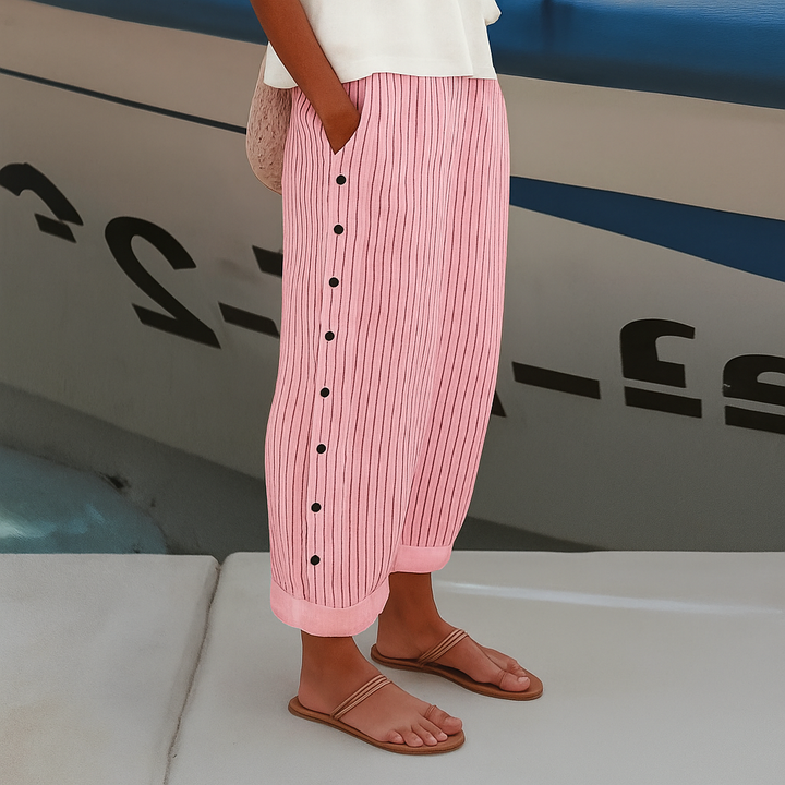 Marlowe | Women's Linen Striped Button-Side Wide Leg Trousers