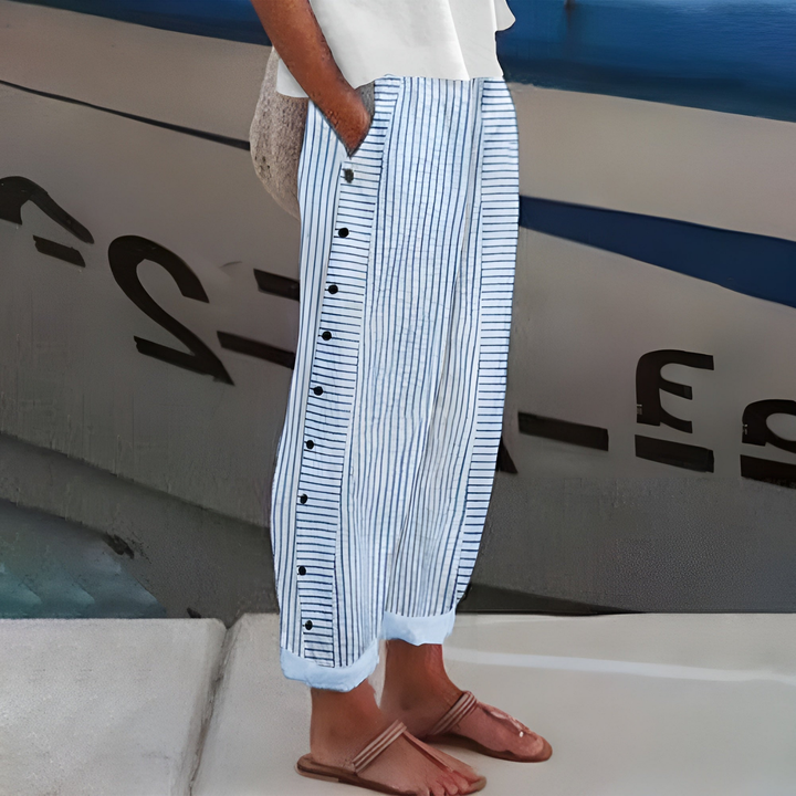 Marlowe | Women's Linen Striped Button-Side Wide Leg Trousers