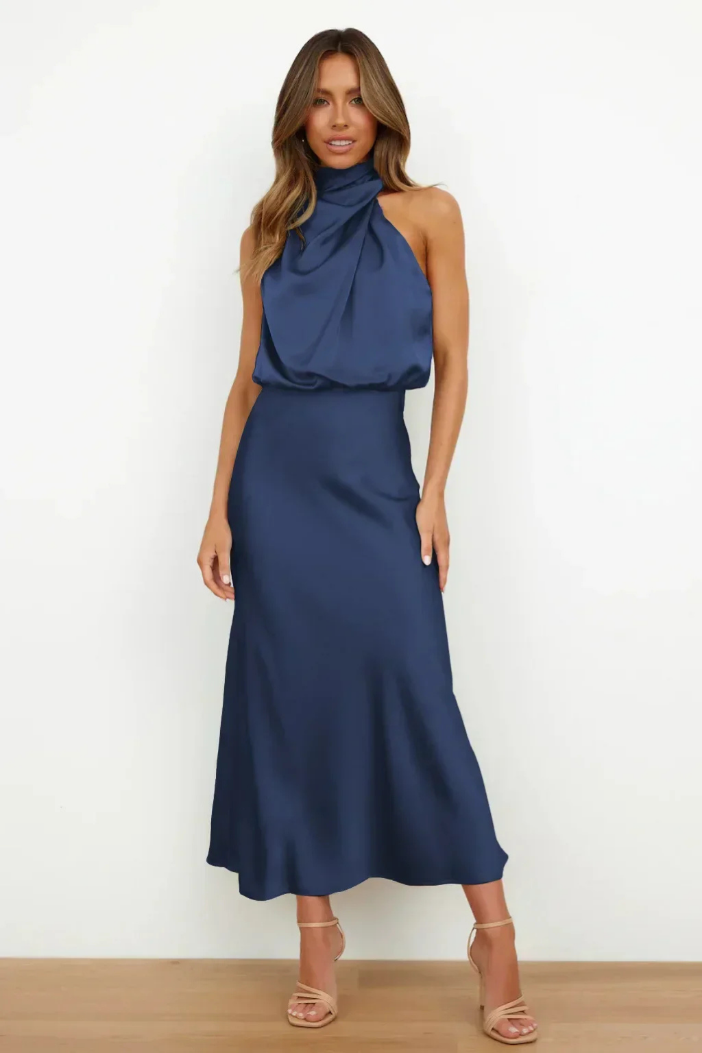 Marlowe | Women's Satin Halter Neck Draped Midi Dress