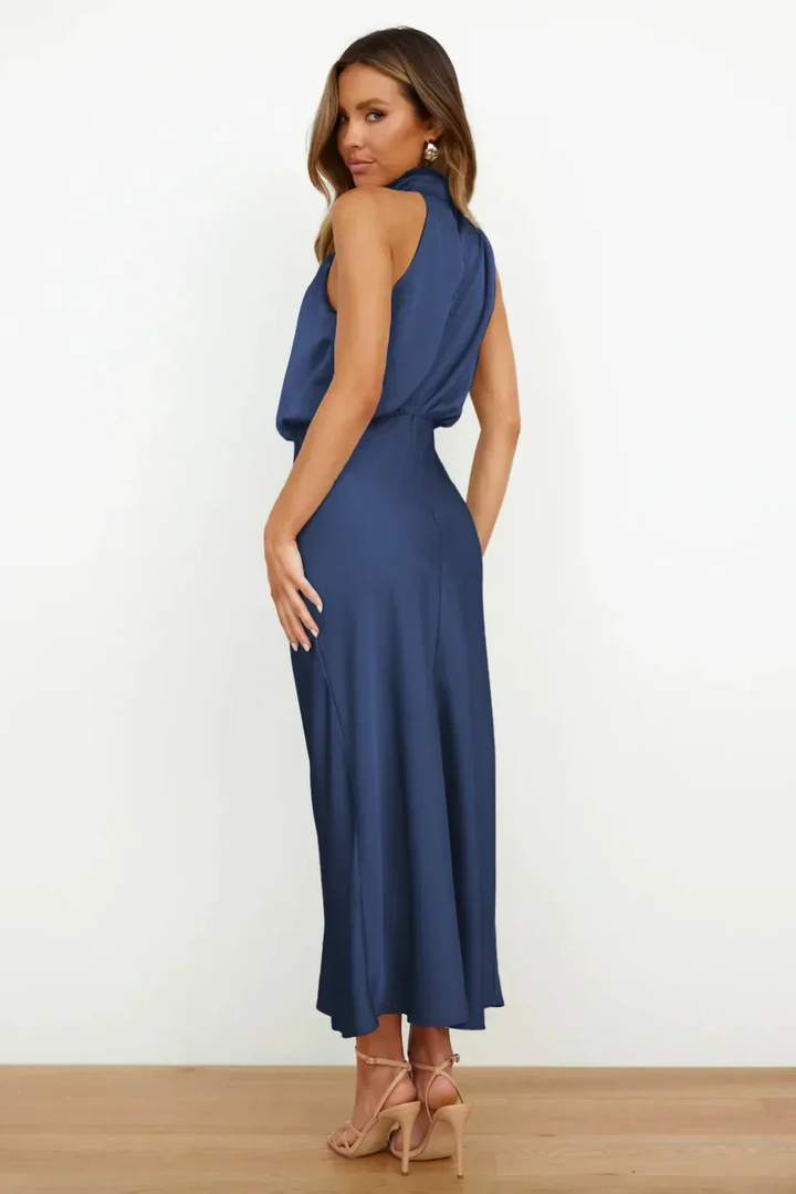 Marlowe | Women's Satin Halter Neck Draped Midi Dress