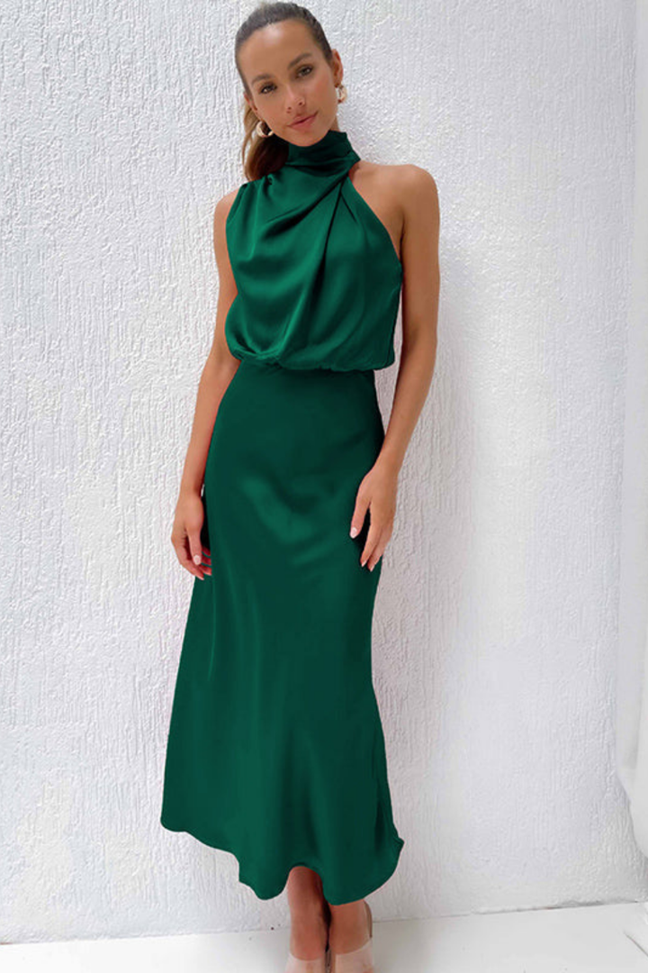 Marlowe | Women's Satin Halter Neck Draped Midi Dress