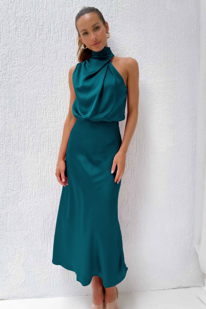 Marlowe | Women's Satin Halter Neck Draped Midi Dress