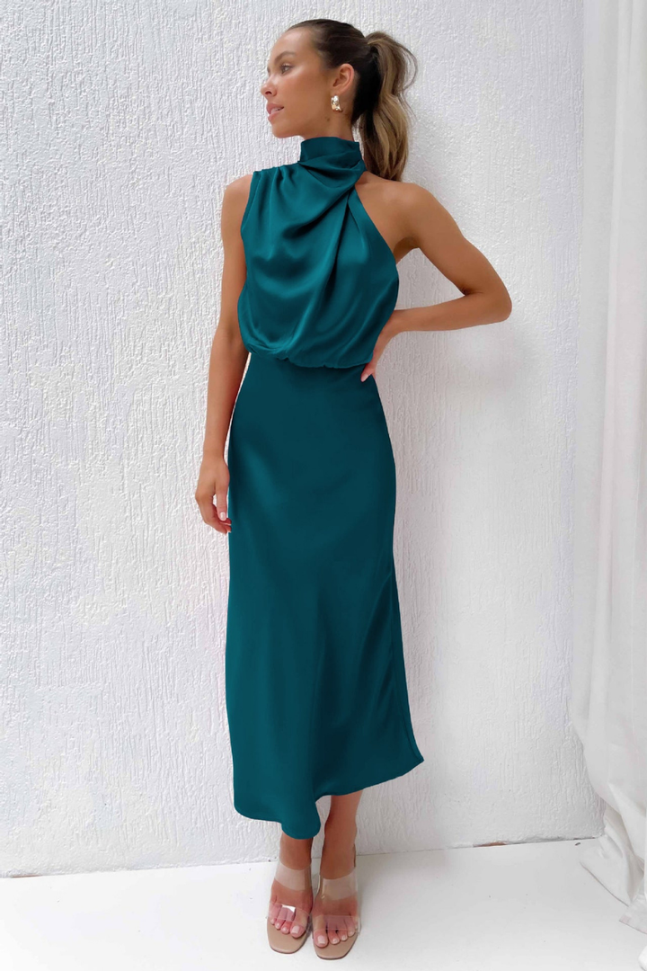 Marlowe | Women's Satin Halter Neck Draped Midi Dress