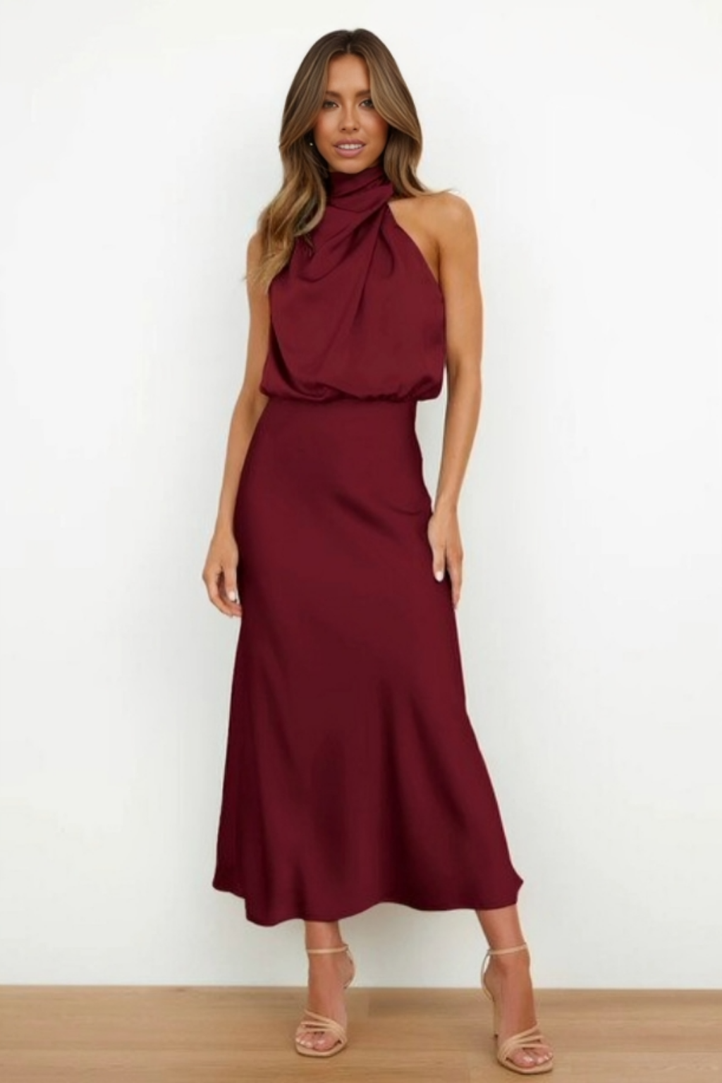 Marlowe | Women's Satin Halter Neck Draped Midi Dress