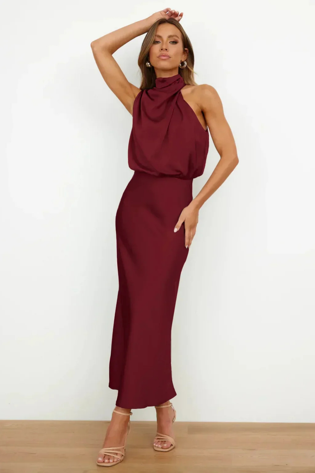 Marlowe | Women's Satin Halter Neck Draped Midi Dress