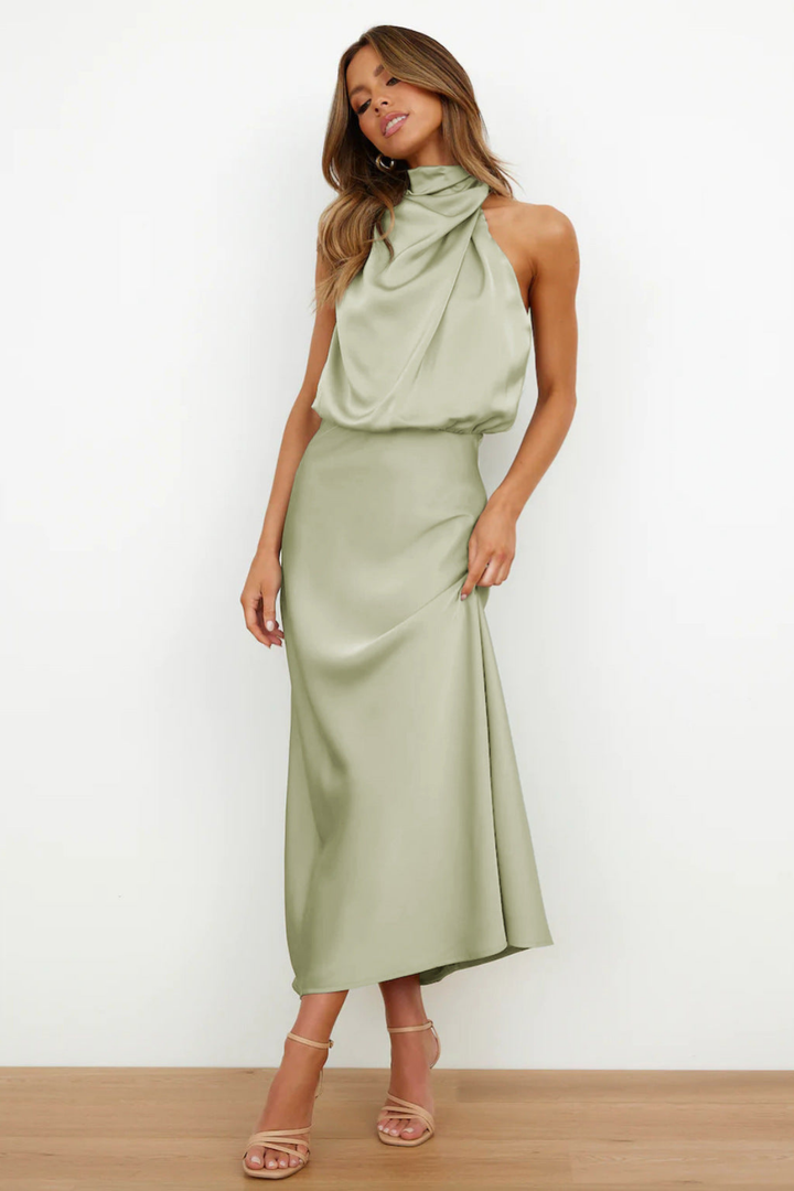 Marlowe | Women's Satin Halter Neck Draped Midi Dress