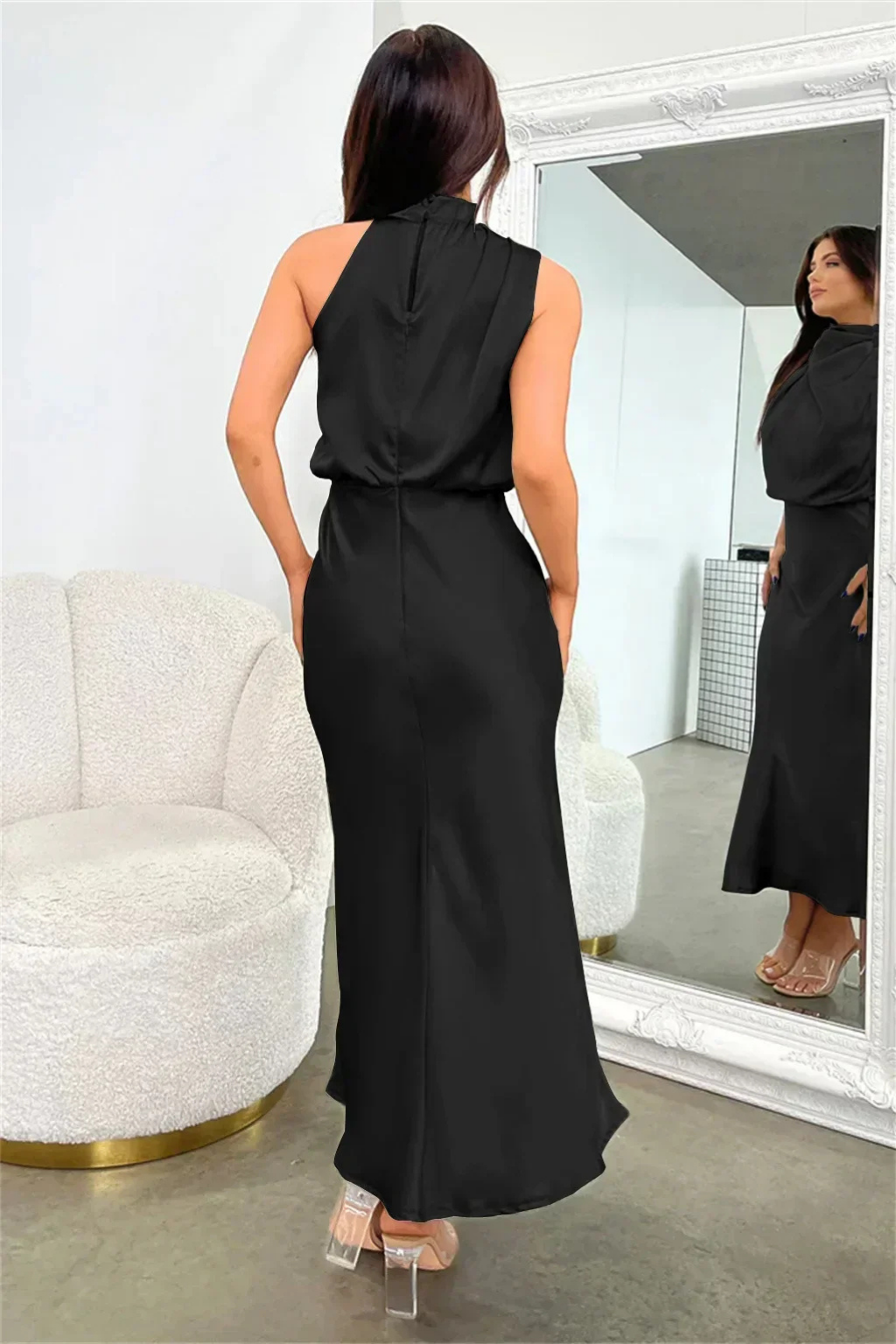 Marlowe | Women's Satin Halter Neck Draped Midi Dress
