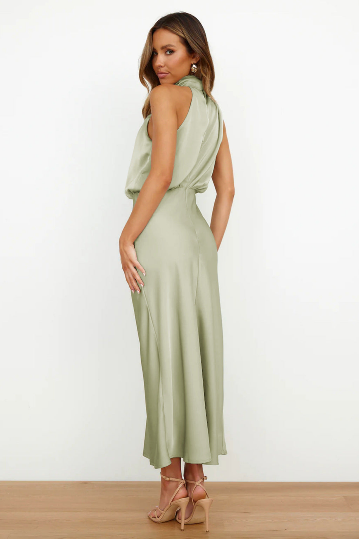 Marlowe | Women's Satin Halter Neck Draped Midi Dress