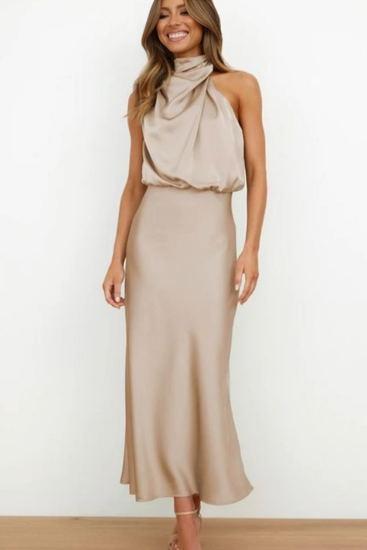 Marlowe | Women's Satin Halter Neck Draped Midi Dress