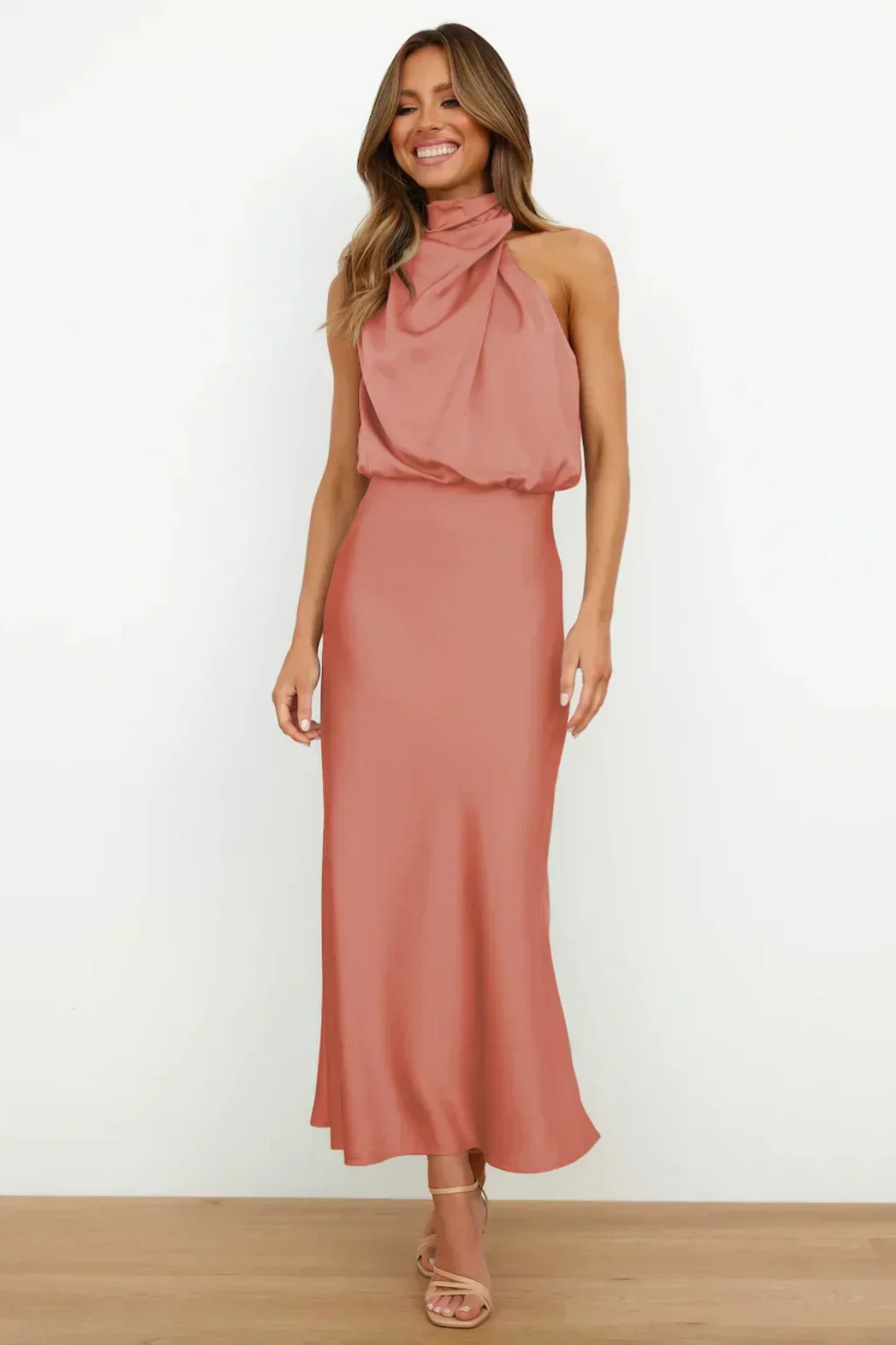 Marlowe | Women's Satin Halter Neck Draped Midi Dress