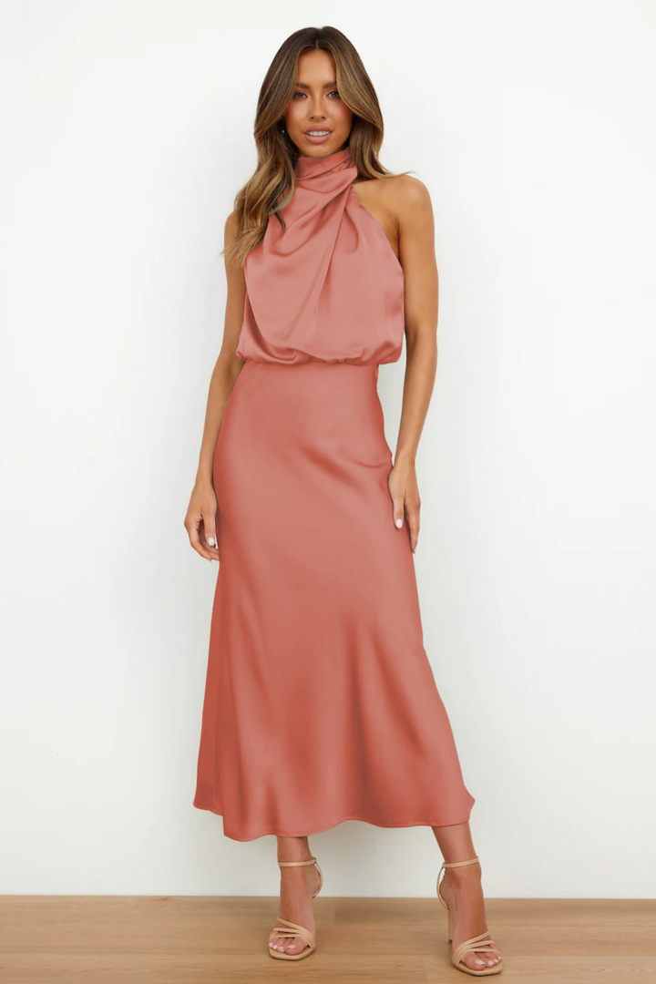 Marlowe | Women's Satin Halter Neck Draped Midi Dress
