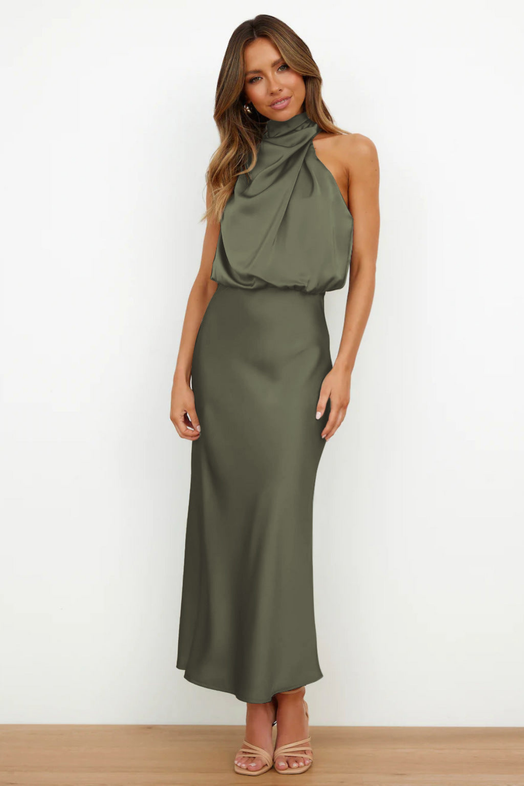 Marlowe | Women's Satin Halter Neck Draped Midi Dress