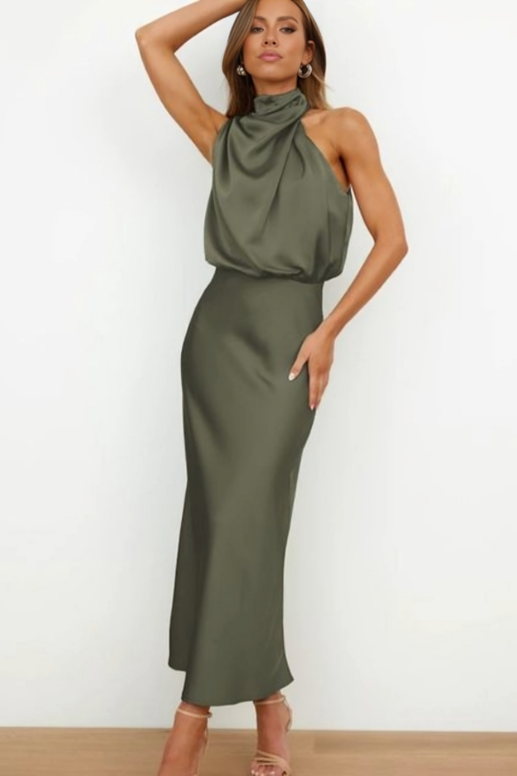 Marlowe | Women's Satin Halter Neck Draped Midi Dress