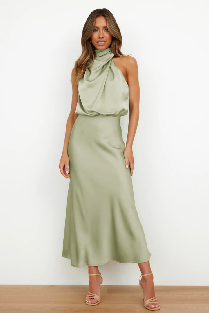 Marlowe | Women's Satin Halter Neck Draped Midi Dress