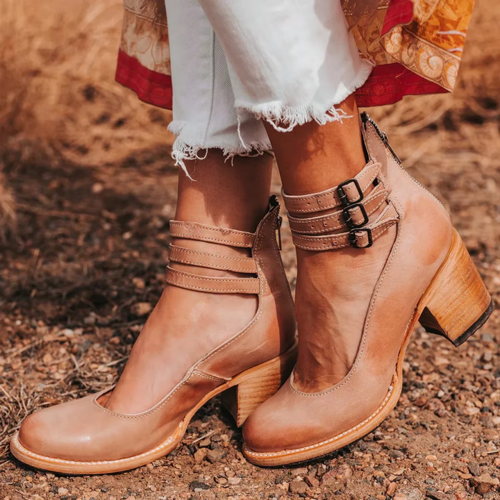 Marlowe | Women's Suede Block Heel Pumps with Triple Buckle Ankle Straps