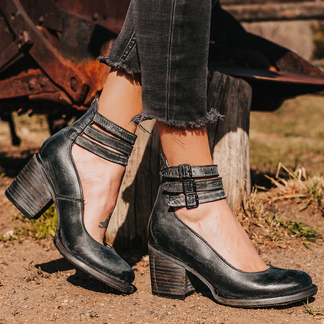 Marlowe | Women's Suede Block Heel Pumps with Triple Buckle Ankle Straps