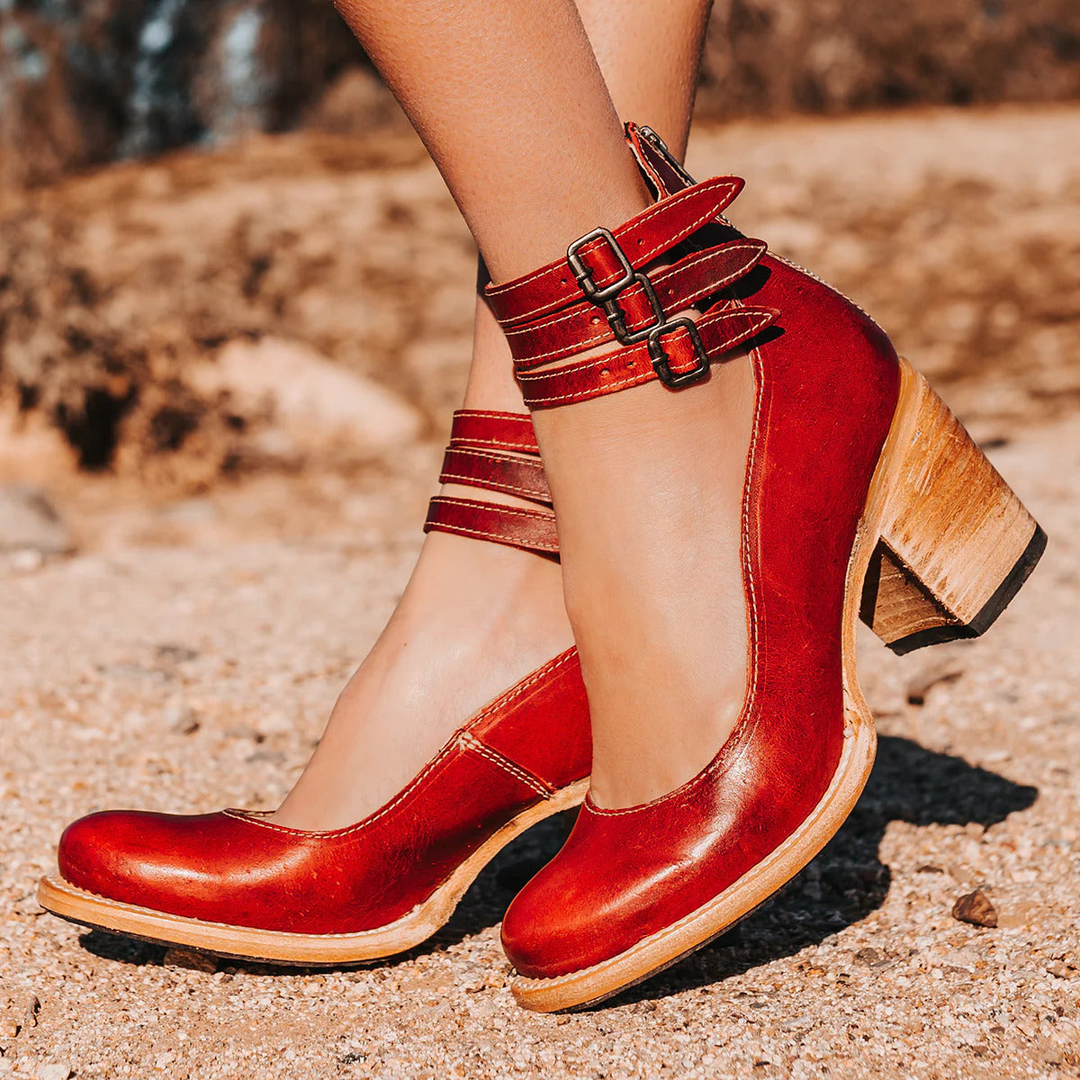 Marlowe | Women's Suede Block Heel Pumps with Triple Buckle Ankle Straps