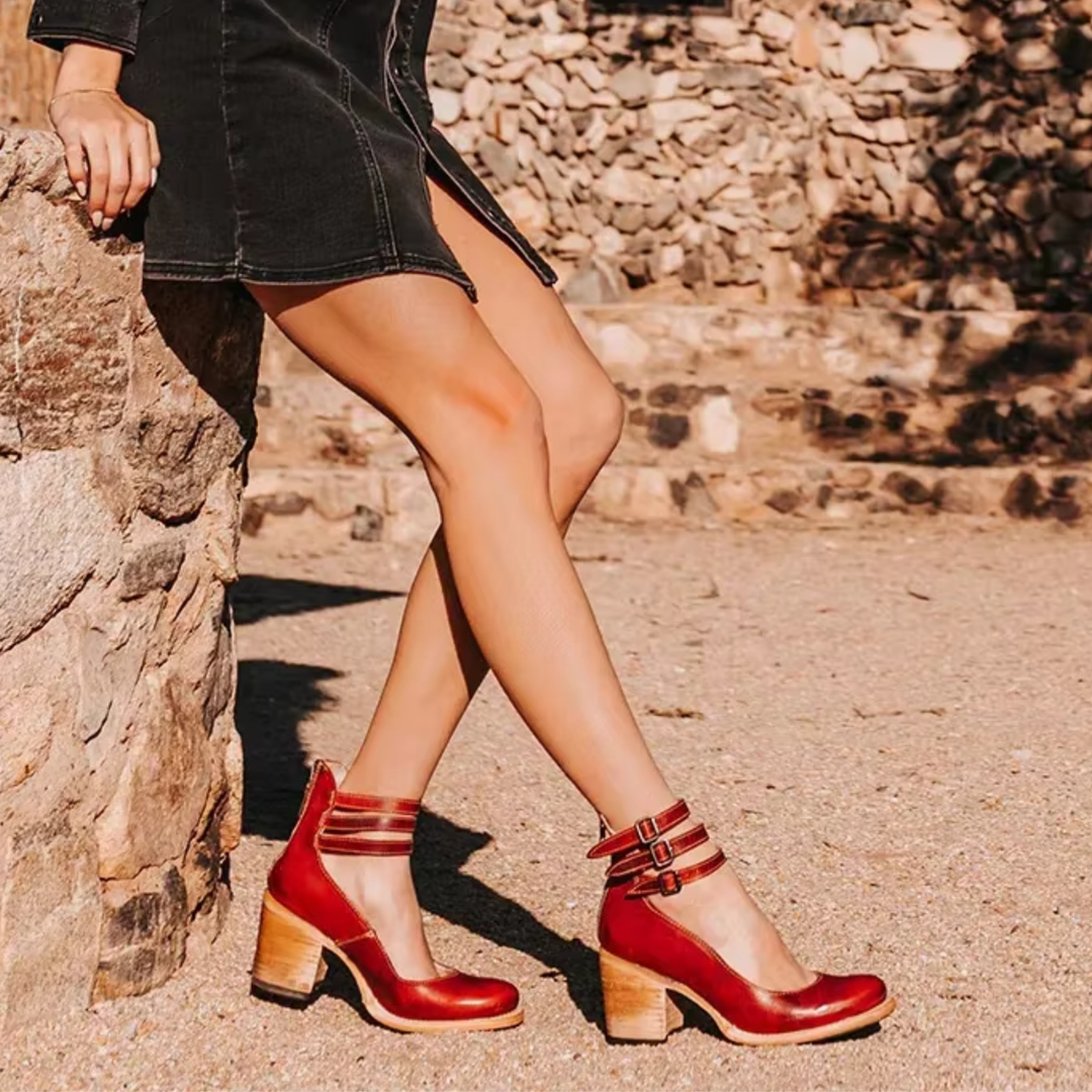 Marlowe | Women's Suede Block Heel Pumps with Triple Buckle Ankle Straps