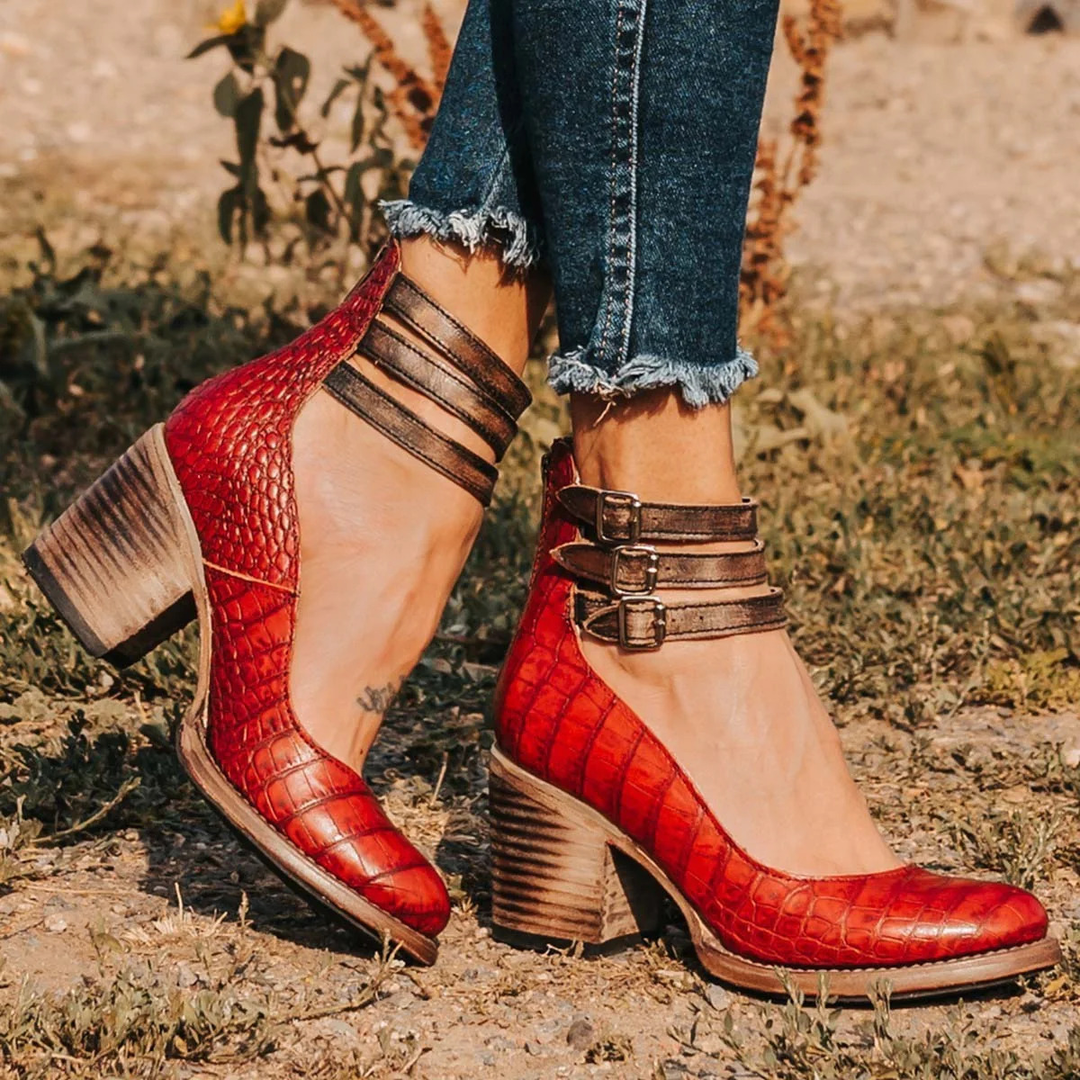 Marlowe | Women's Suede Block Heel Pumps with Triple Buckle Ankle Straps