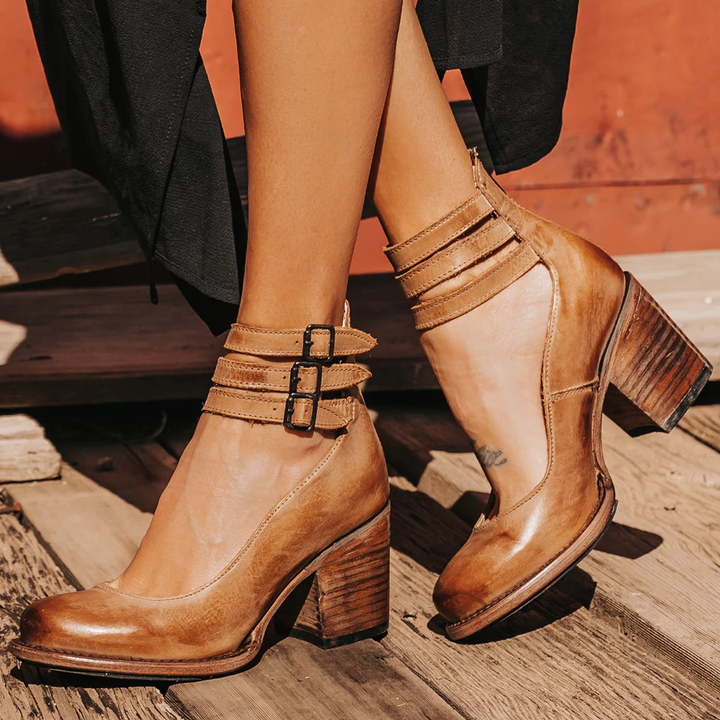 Marlowe | Women's Suede Block Heel Pumps with Triple Buckle Ankle Straps