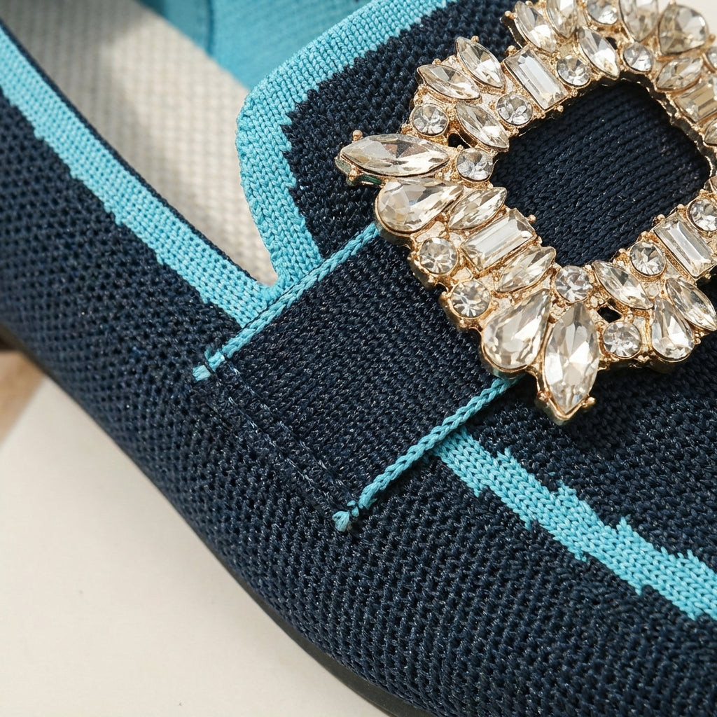 Mette | Women's Breathable Knit Crystal Buckle Square Toe Loafers