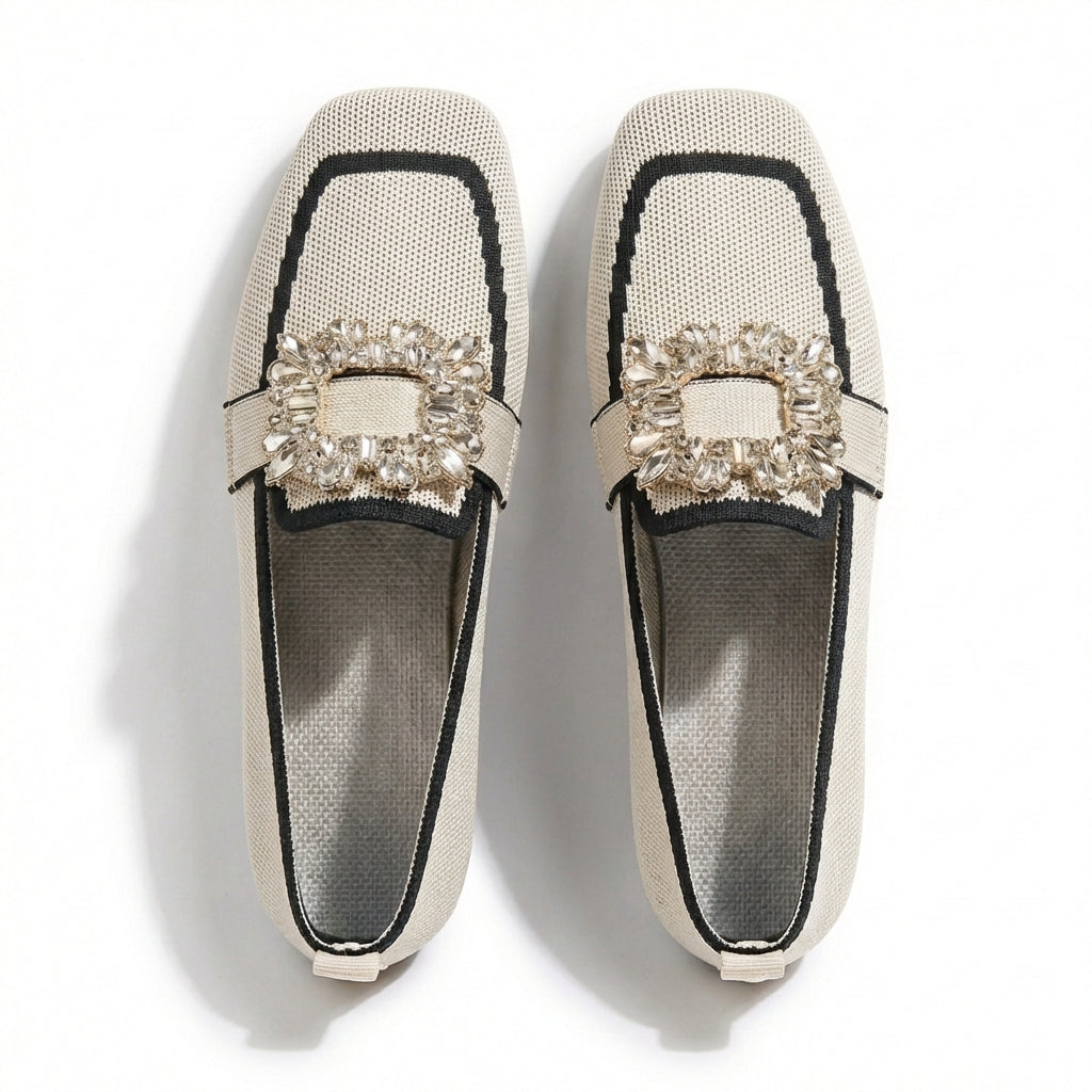 Mette | Women's Breathable Knit Crystal Buckle Square Toe Loafers