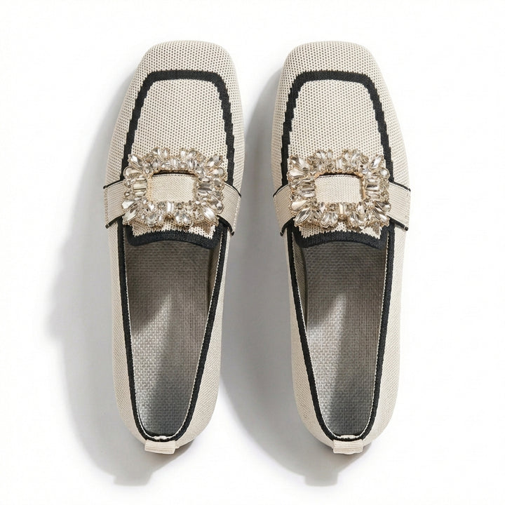 Mette | Women's Breathable Knit Crystal Buckle Square Toe Loafers