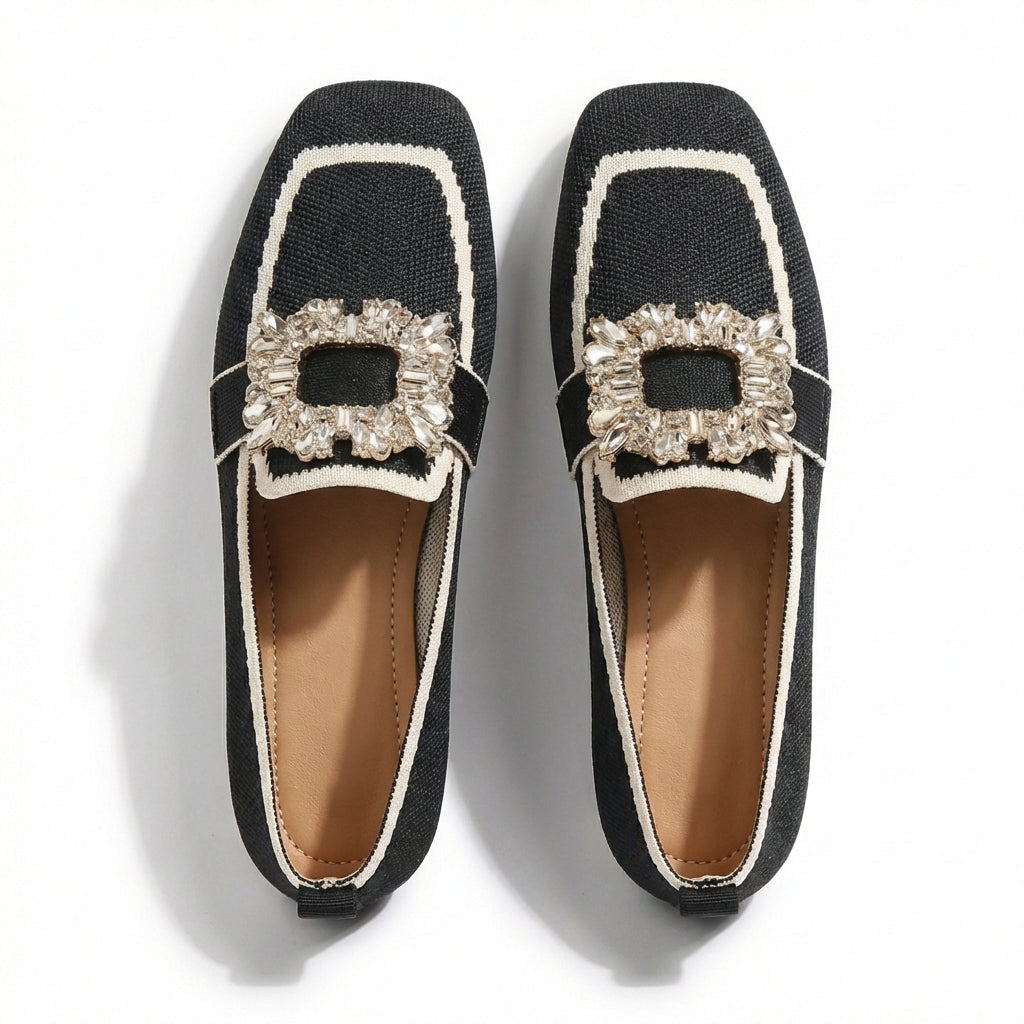 Mette | Women's Breathable Knit Crystal Buckle Square Toe Loafers