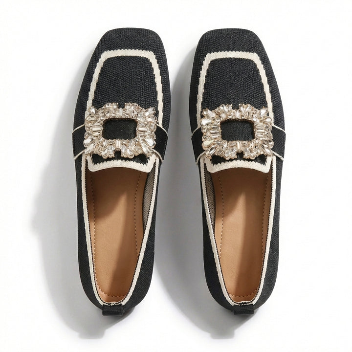 Mette | Women's Breathable Knit Crystal Buckle Square Toe Loafers