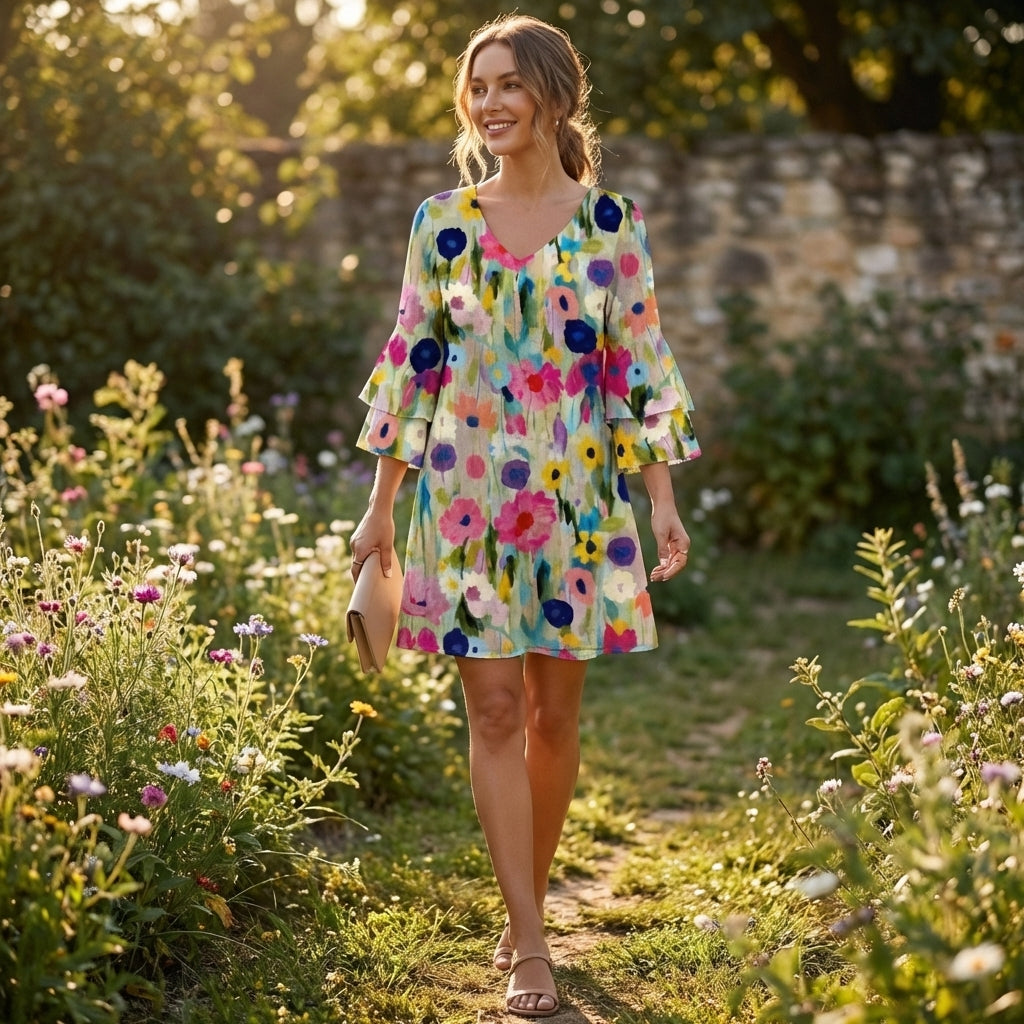 Mette | Women's Chiffon Abstract Floral Bell Sleeve Mini Dress