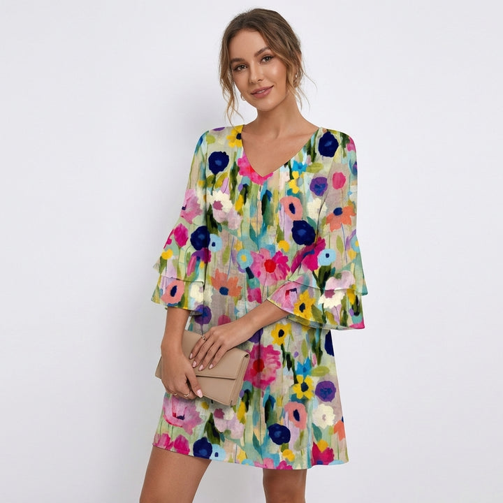 Mette | Women's Chiffon Abstract Floral Bell Sleeve Mini Dress