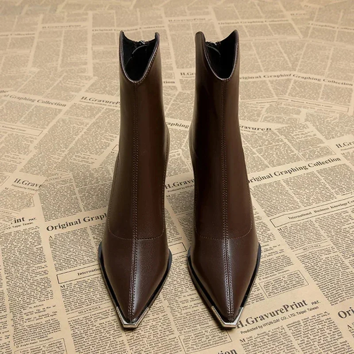 Mette | Women's Leather Block Heel Pointed Toe Ankle Boots