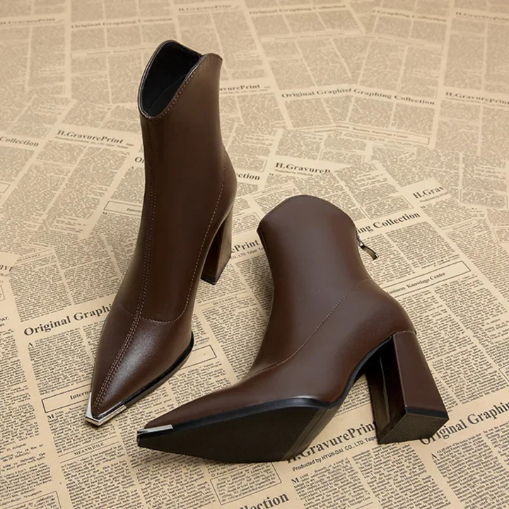 Mette | Women's Leather Block Heel Pointed Toe Ankle Boots