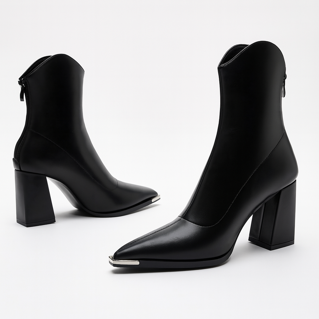 Mette | Women's Leather Block Heel Pointed Toe Ankle Boots