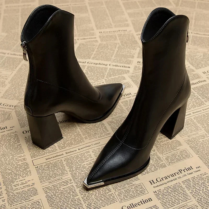 Mette | Women's Leather Block Heel Pointed Toe Ankle Boots
